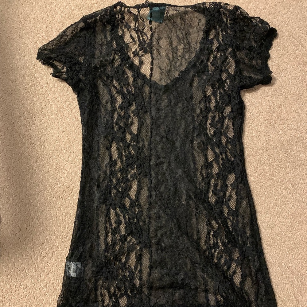 black lace sheer v neck short sleeve top